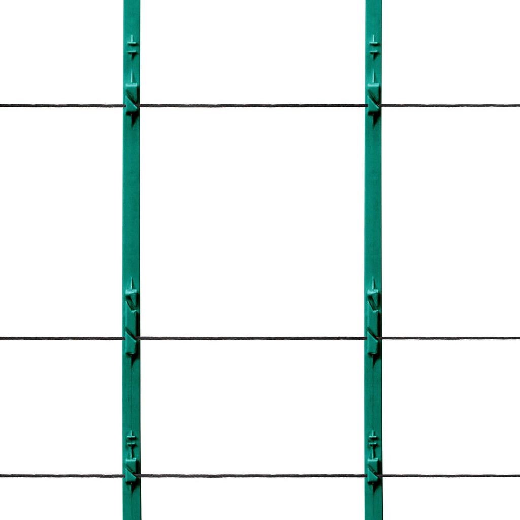 Close-up of black electric fence wire connections on green posts