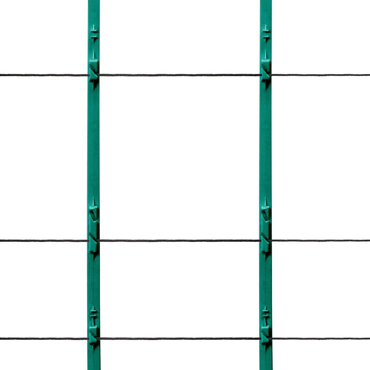 Close-up of black electric fence wire connections on green posts