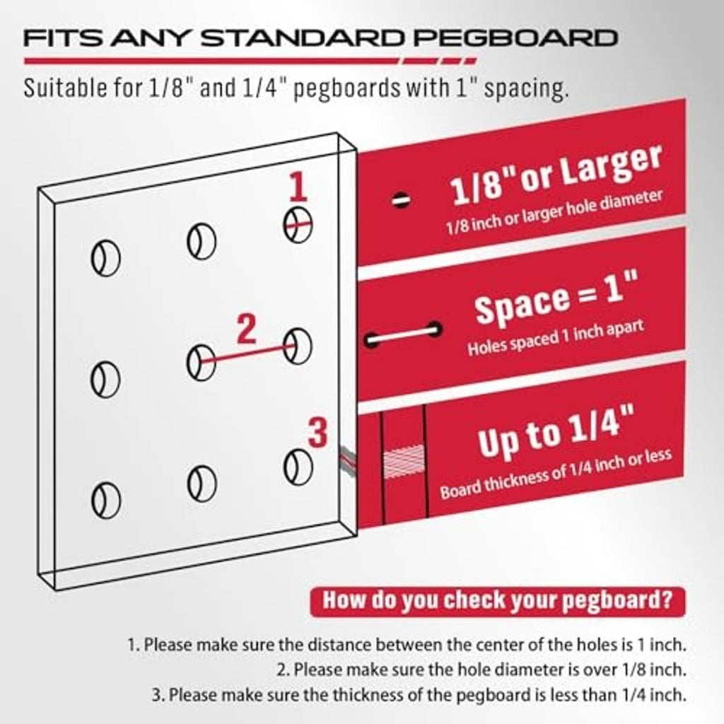 Pegboard hook set compatibility diagram for standard pegboard hole spacing