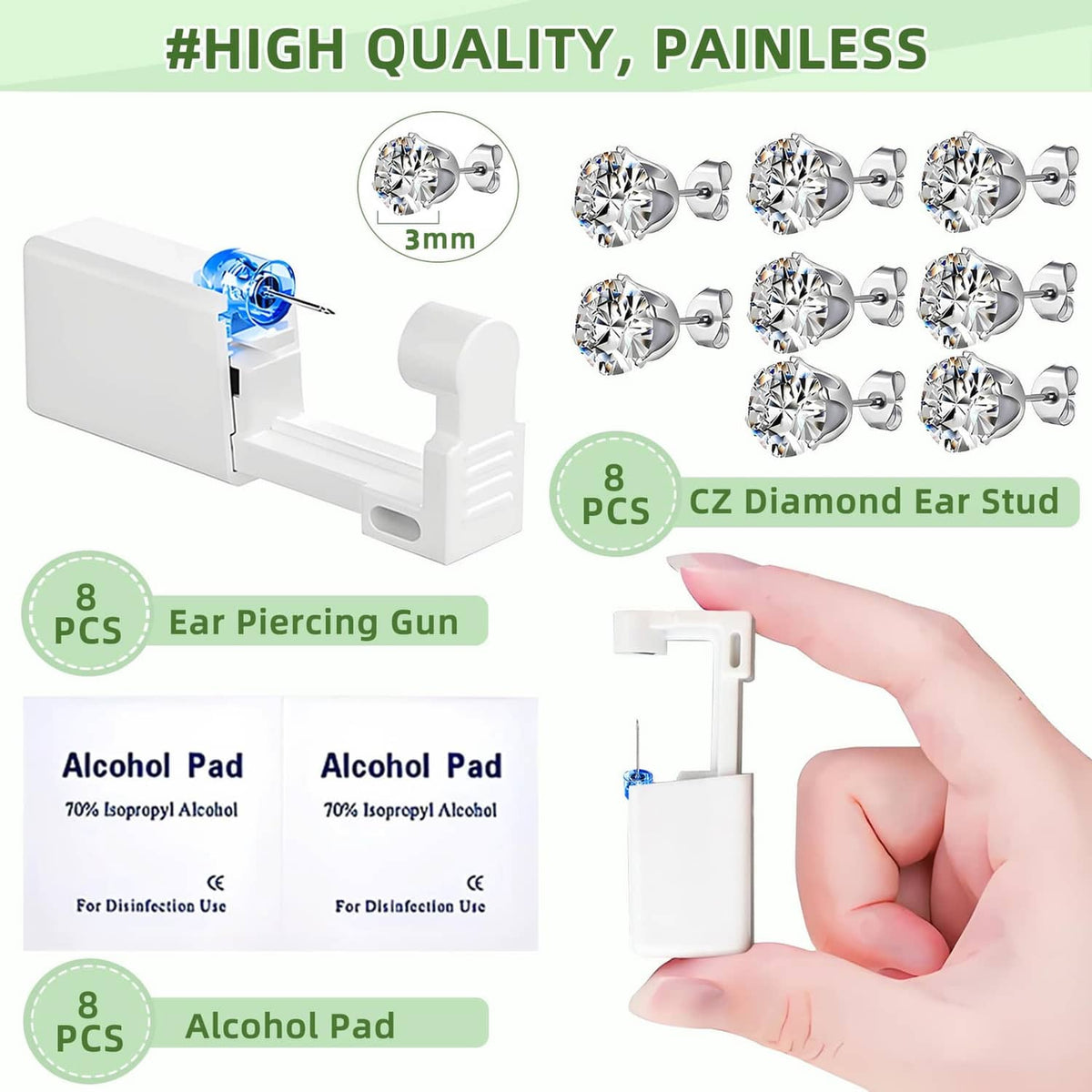 Disposable ear piercing gun kit with blue-trigger applicator, alcohol pads, and CZ studs