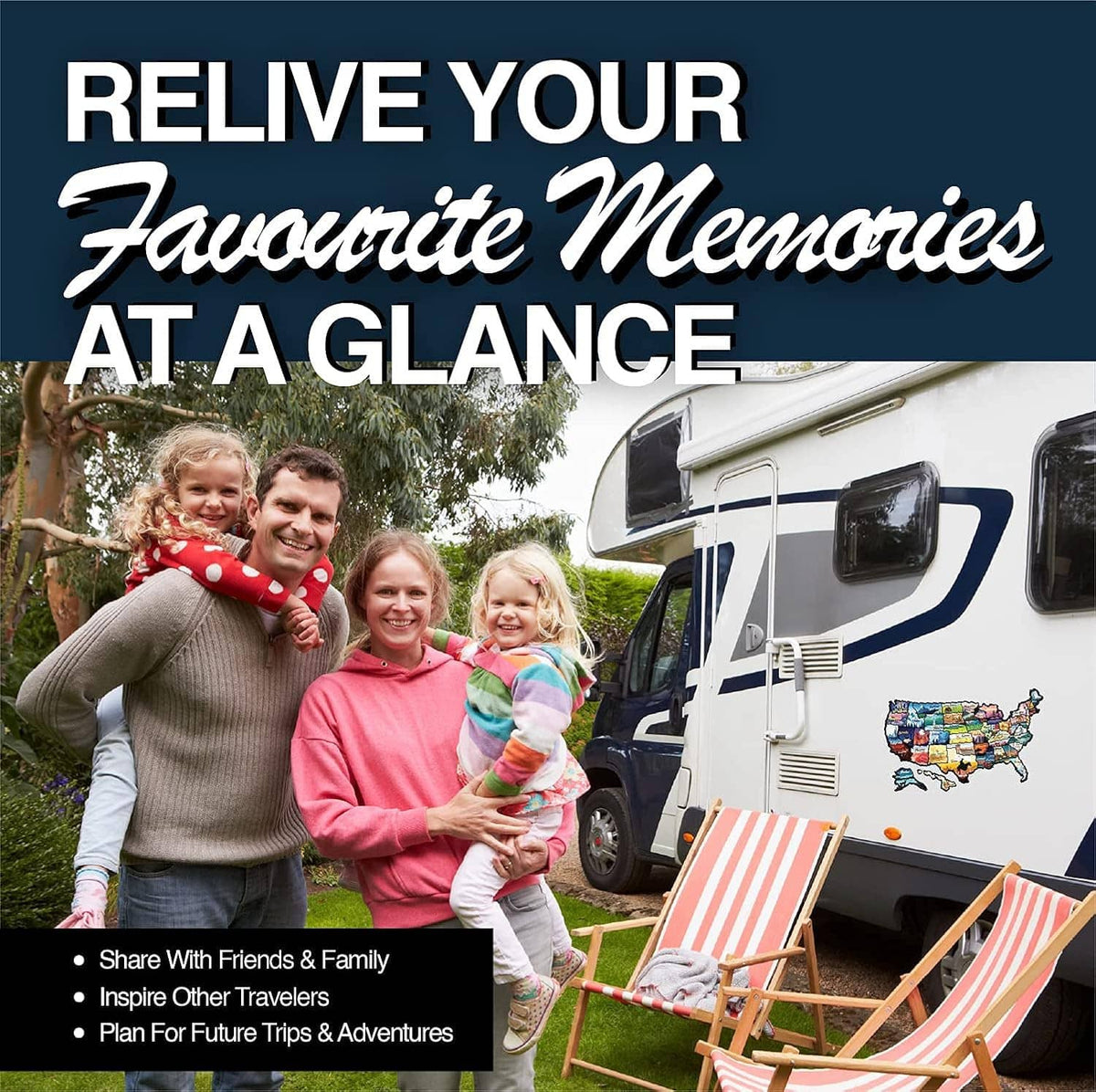 USA state travel map sticker decal with colorful state panels displayed on a camper