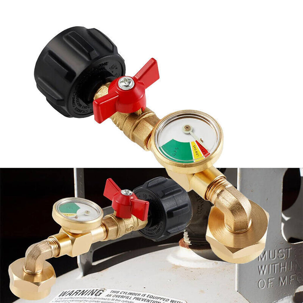 Brass propane refill adapter with gauge and red lever valve connected to propane tank