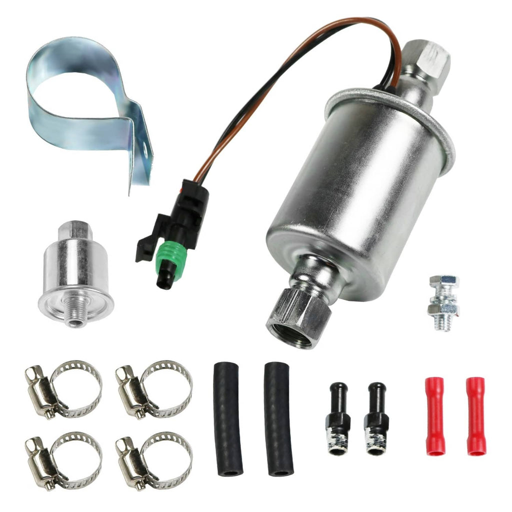 Diesel fuel lift pump assembly with wiring harness, inlet/outlet fittings, and clamps