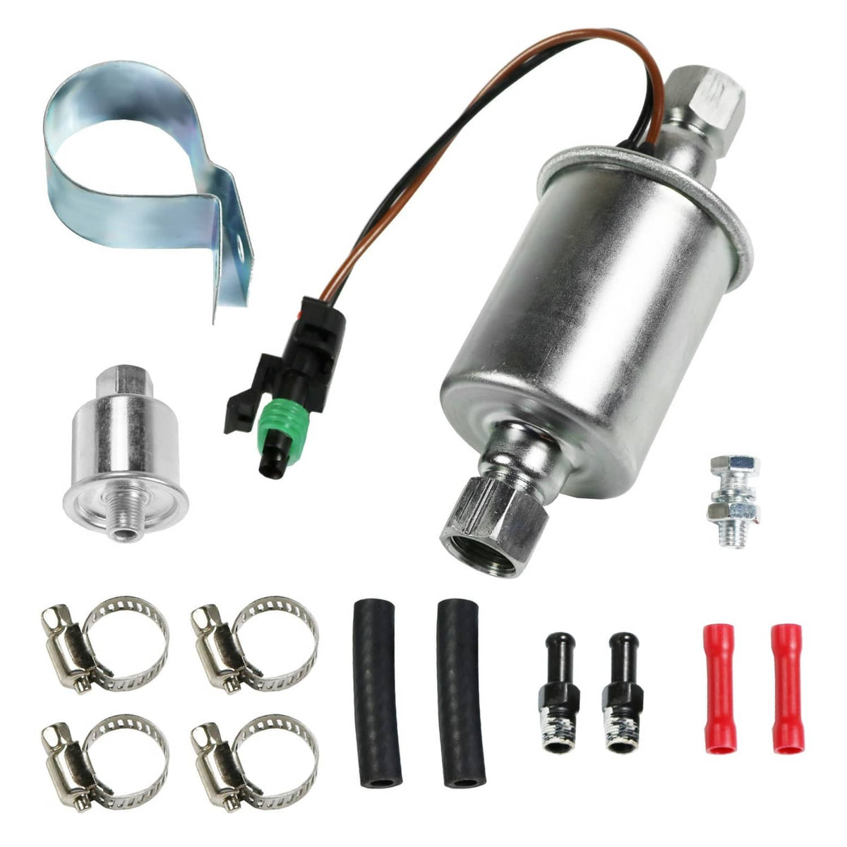 Diesel fuel lift pump assembly with wiring harness, inlet/outlet fittings, and clamps