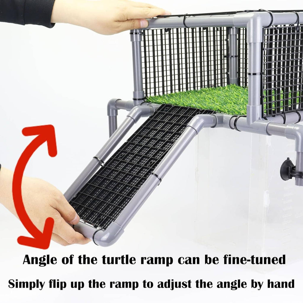 Adjustable turtle ramp with black non-slip surface on gray tubular frame