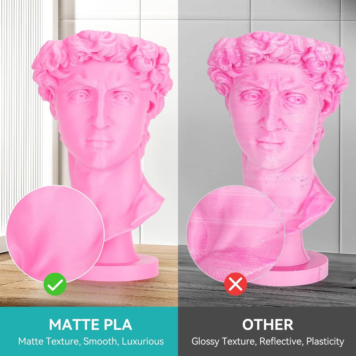 Matte PLA bust sculpture with comparison icons showing selected matte result