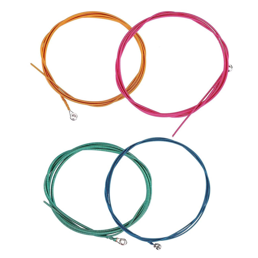 Set of colored steel bass strings: orange, pink, green, and blue coils with metal ends