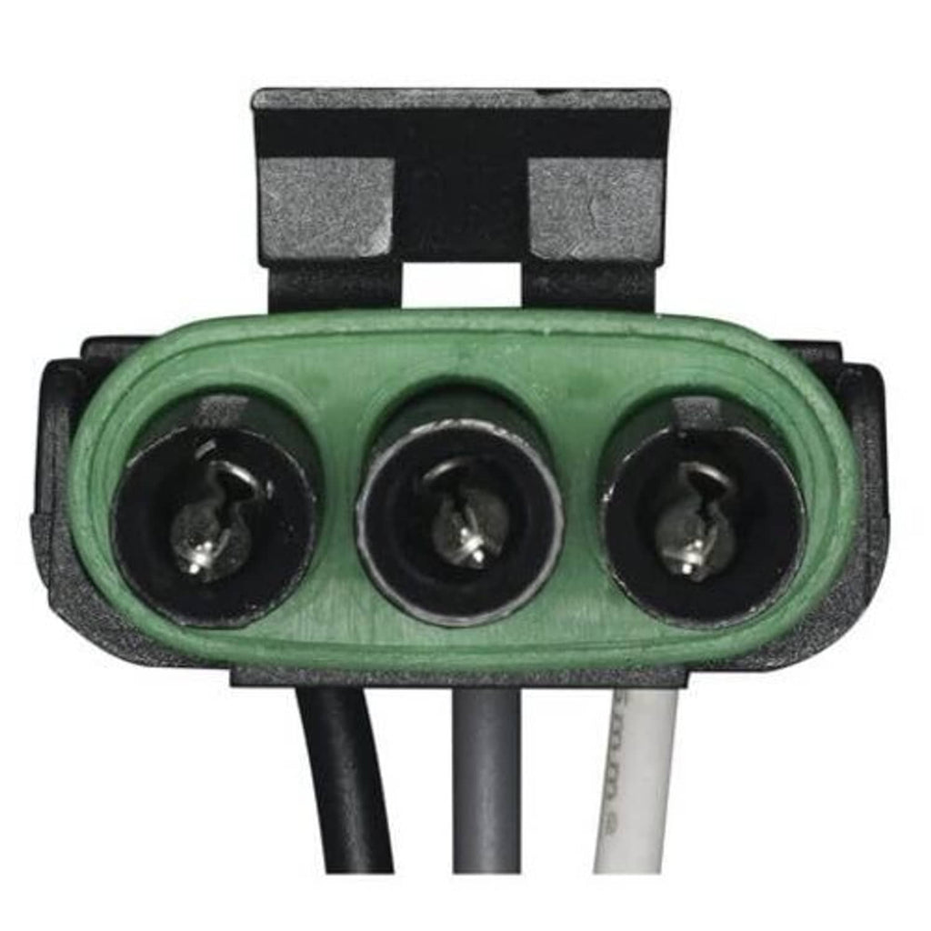 Green three-pin pigtail wiring harness connector, three black screw terminals