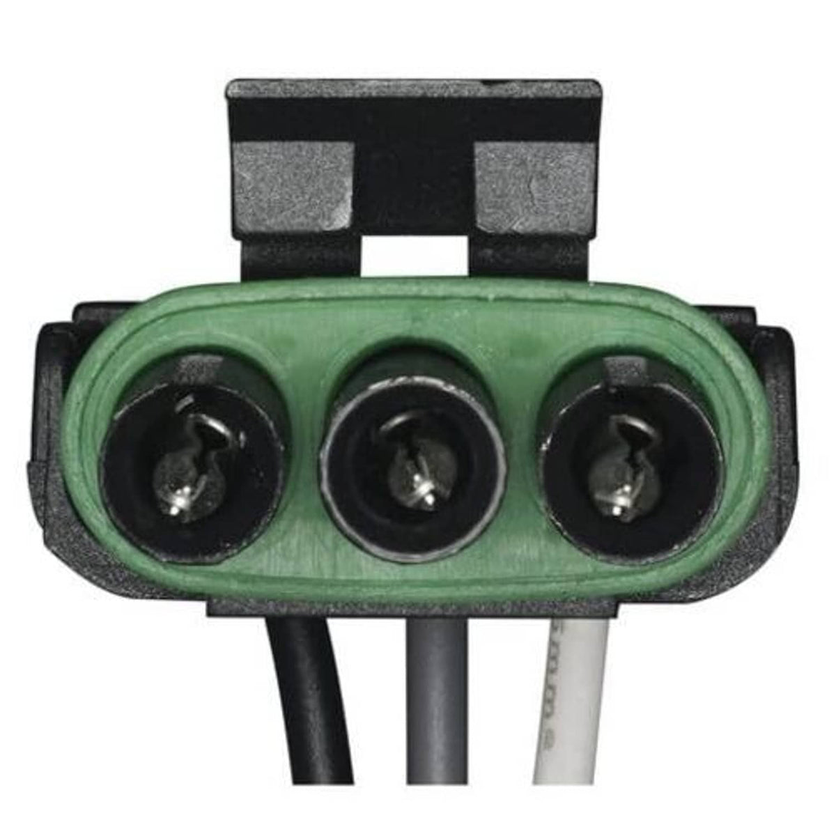 Green three-pin pigtail wiring harness connector, three black screw terminals