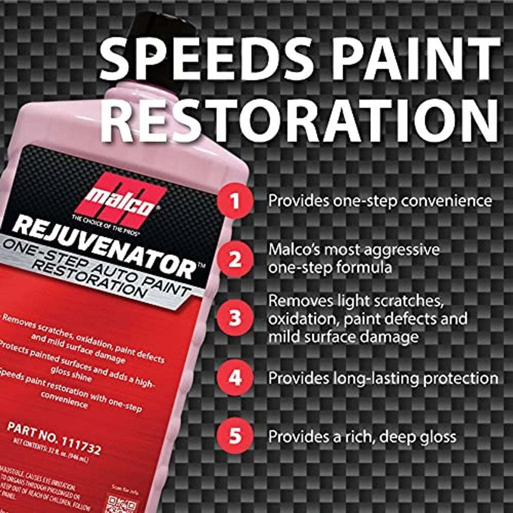 Angled auto paint restoration bottle with speed paint restoration infographic