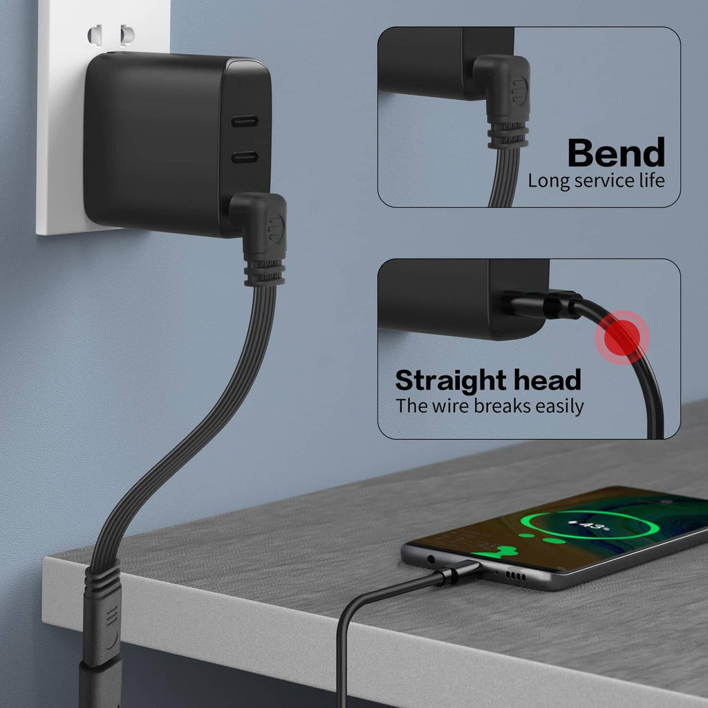Black USB-C extension cable showing bend-friendly right-angle and straight connector heads