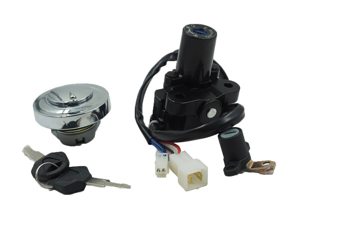Ignition switch and key lock set with fuel cap cover and wiring harness
