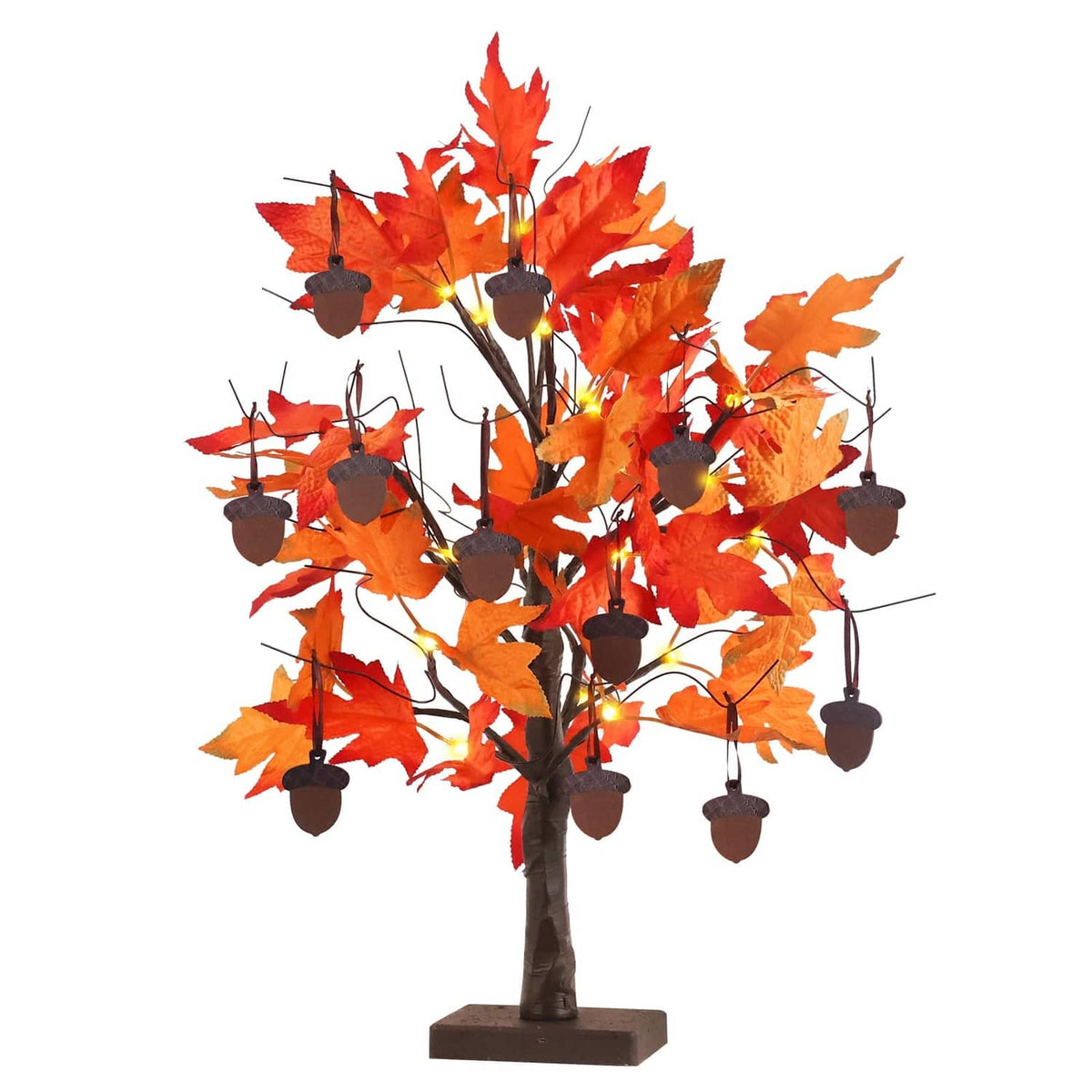 Orange maple leaf tree decoration with warm LED bulbs and hanging acorn ornaments on stand