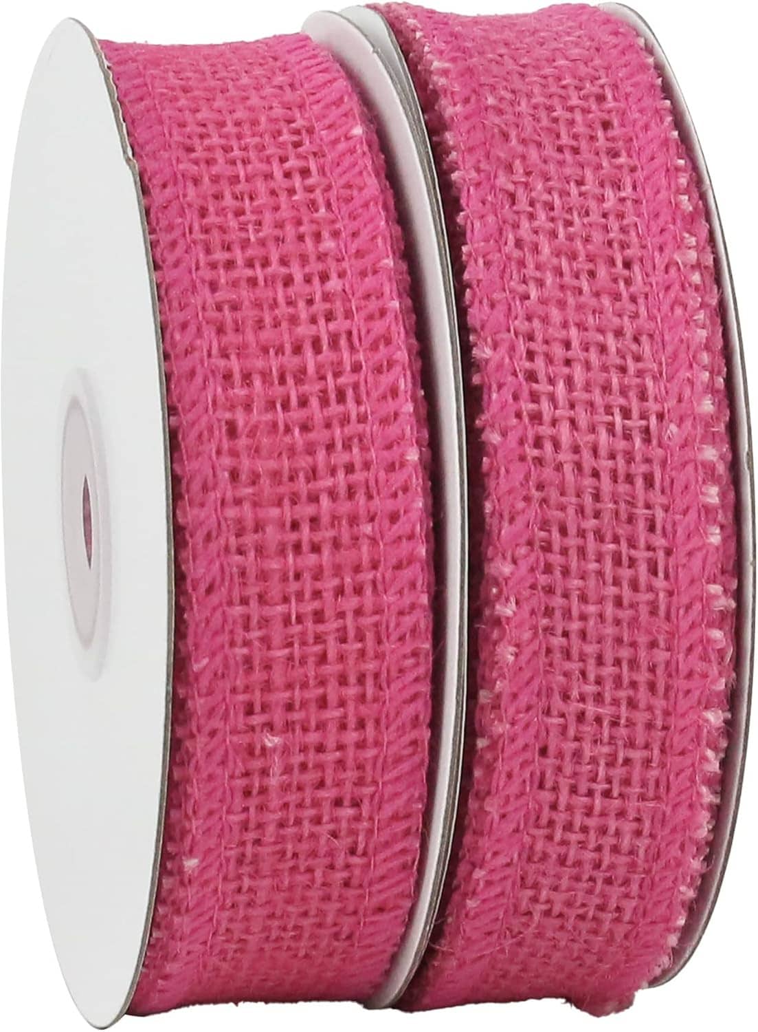 Hot pink burlap ribbon spool side view, woven fabric ribbon wrapped on reel
