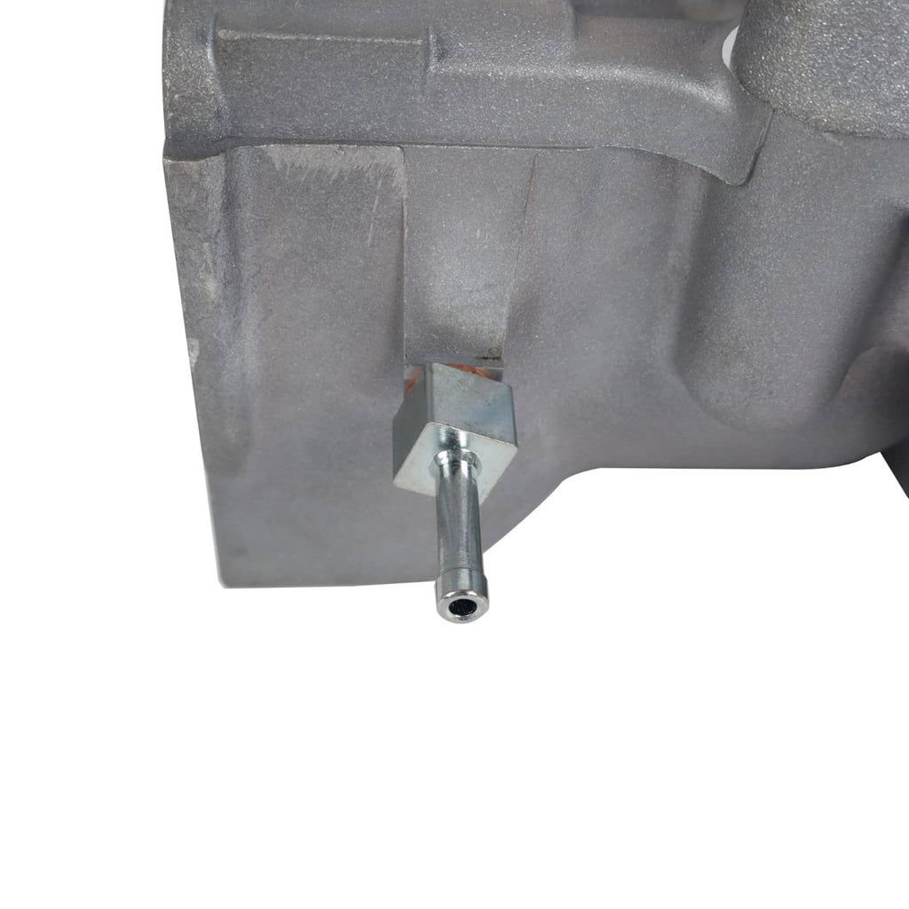 Rear differential gear case with protruding vent fitting and bolt holes, silver metal