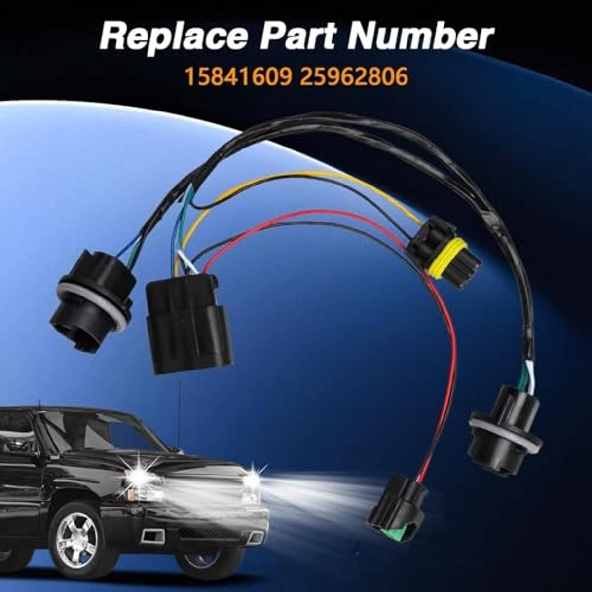 Headlamp wiring harness with black socket plugs and pre-wired multi-lead cable