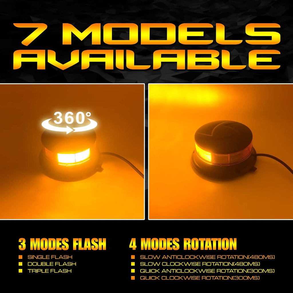 Amber LED magnetic beacon light showing multi-mode glow on base with cable