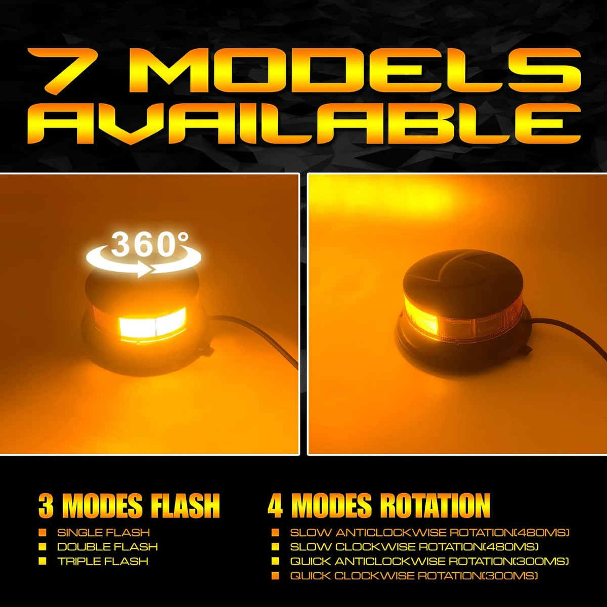 Amber LED magnetic beacon light showing multi-mode glow on base with cable
