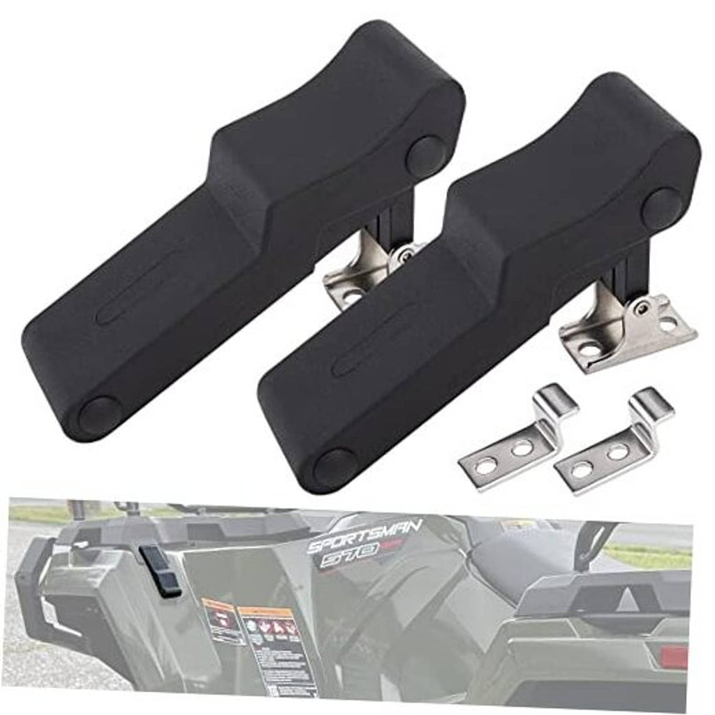 Set of two black flexible rubber draw latches with metal mounting brackets and pins