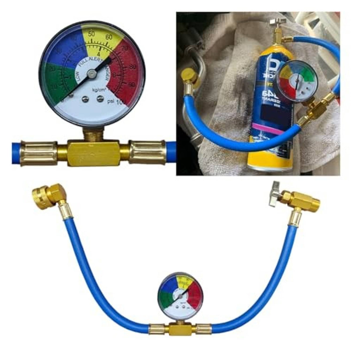 Car A/C refrigerant charge hose set with blue hose, brass fittings, and pressure gauge