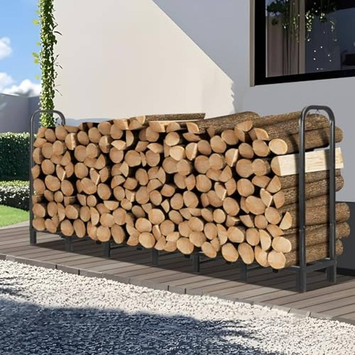 Outdoor firewood rack filled with stacked split logs and black steel frame with handles