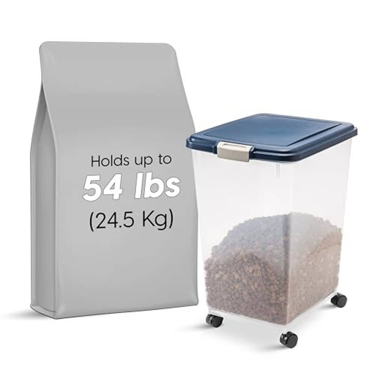 Rolling dog food storage container with blue top, clear front, and caster wheels
