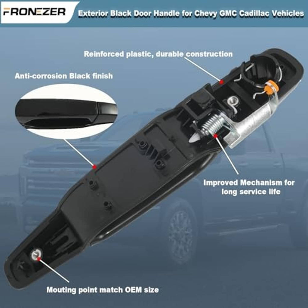 Black exterior door handle with mounting points and metal spring mechanism