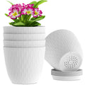 White textured plant pot with drainage holes, shown stack and side view