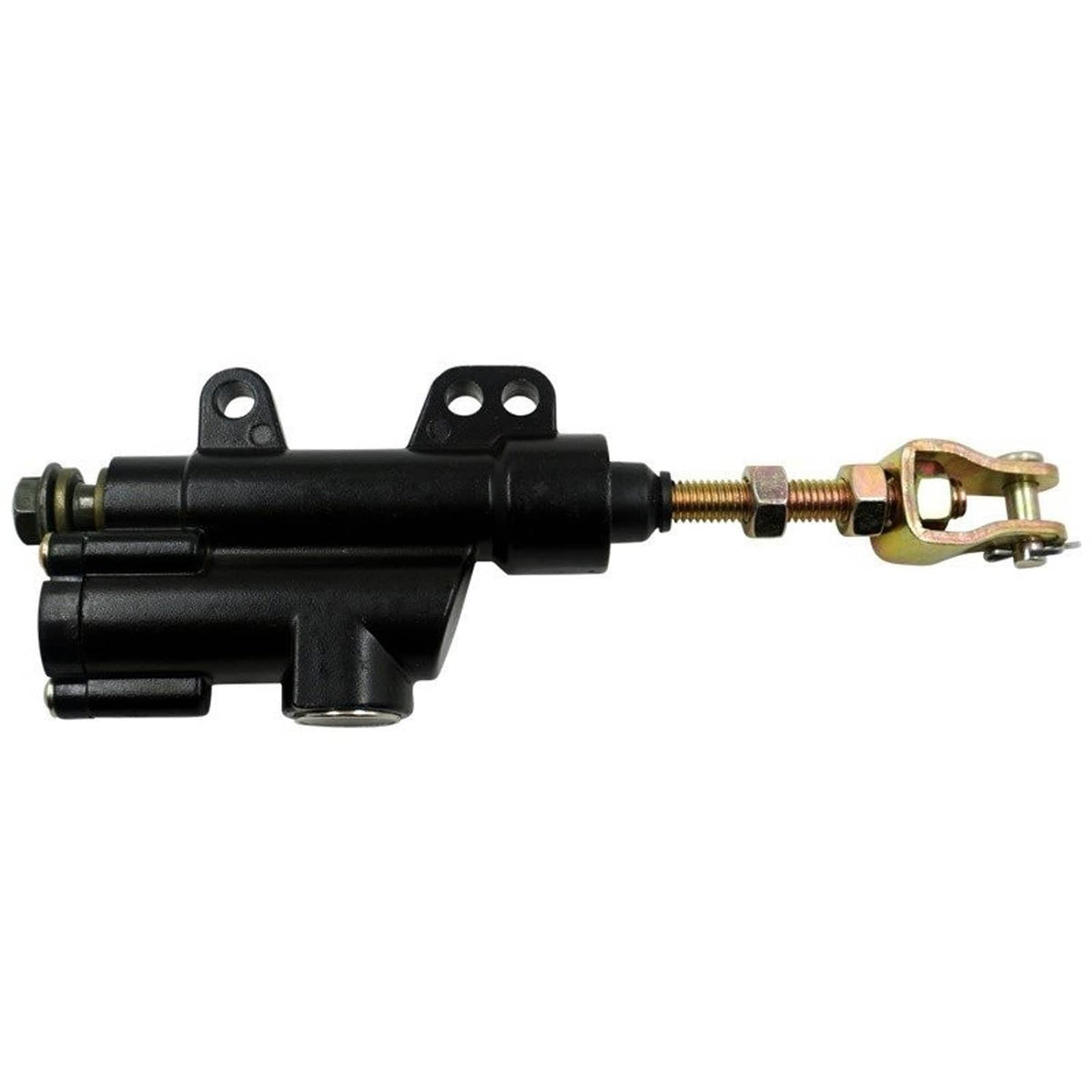 Rear foot brake master cylinder pump, black body with two mounting holes and gold rod