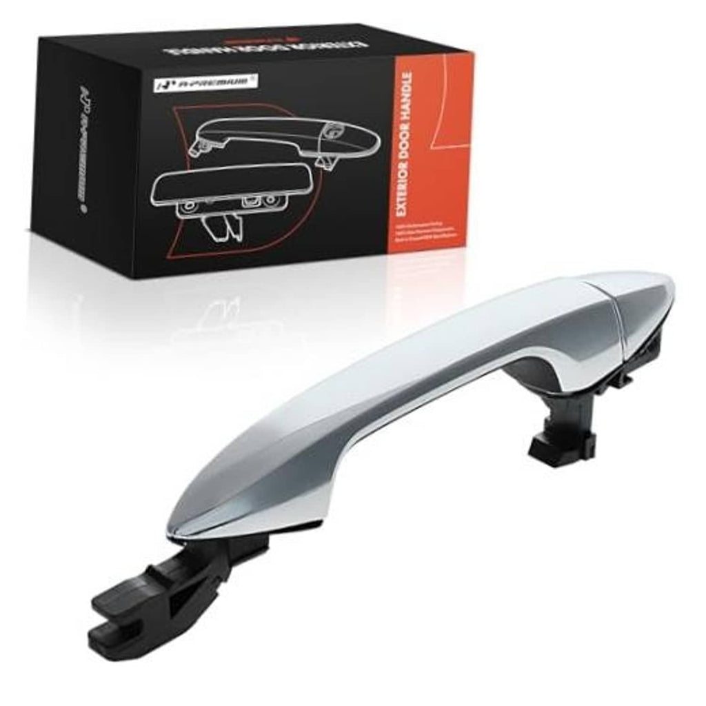 Exterior front door handle with chrome finish and black mounting base, passenger side.