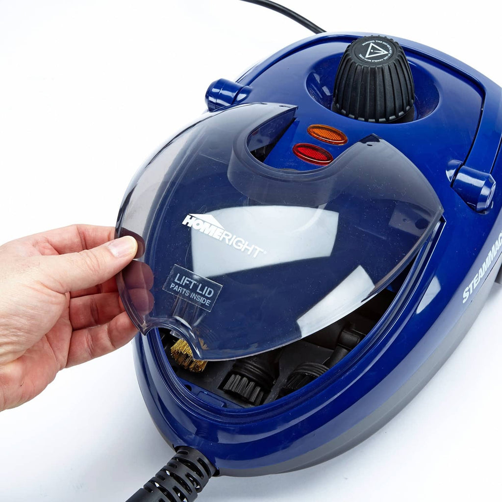Black ribbed cap on blue handheld steam machine with clear lift lid