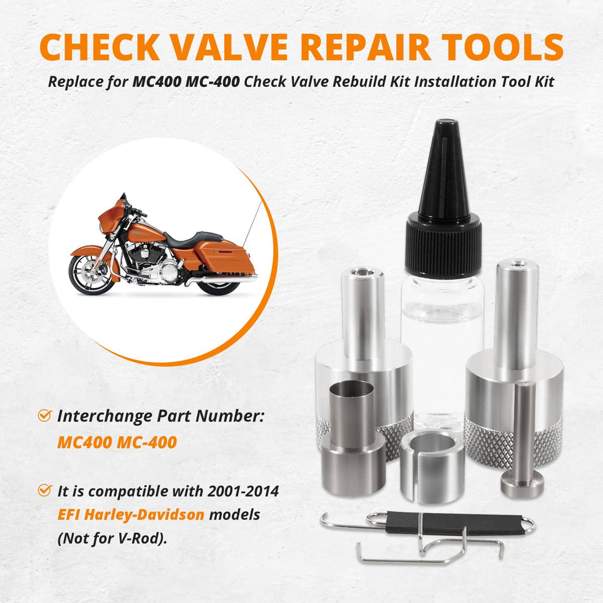 Fuel check valve repair tools kit with metal sleeves, conical tip bottle, and hooks