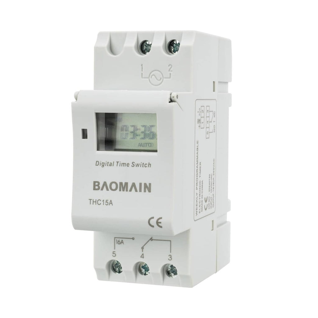 BAOMAIN THC15A digital weekly programmable timer switch relay, DIN rail mount, LCD display