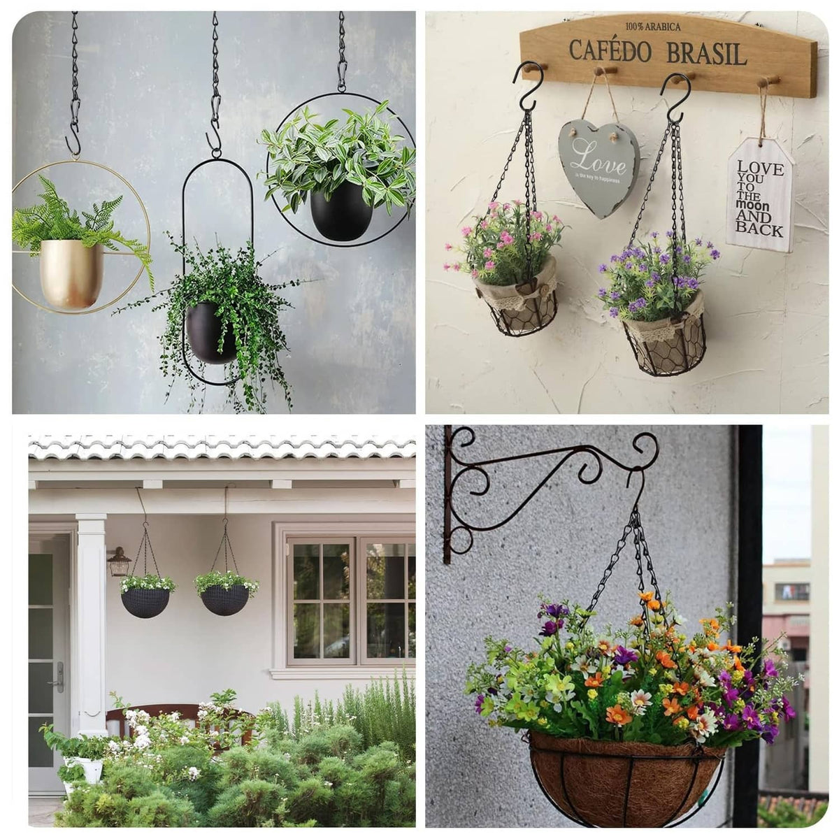 Black chain hangers with S hooks for suspending potted plants and hanging baskets