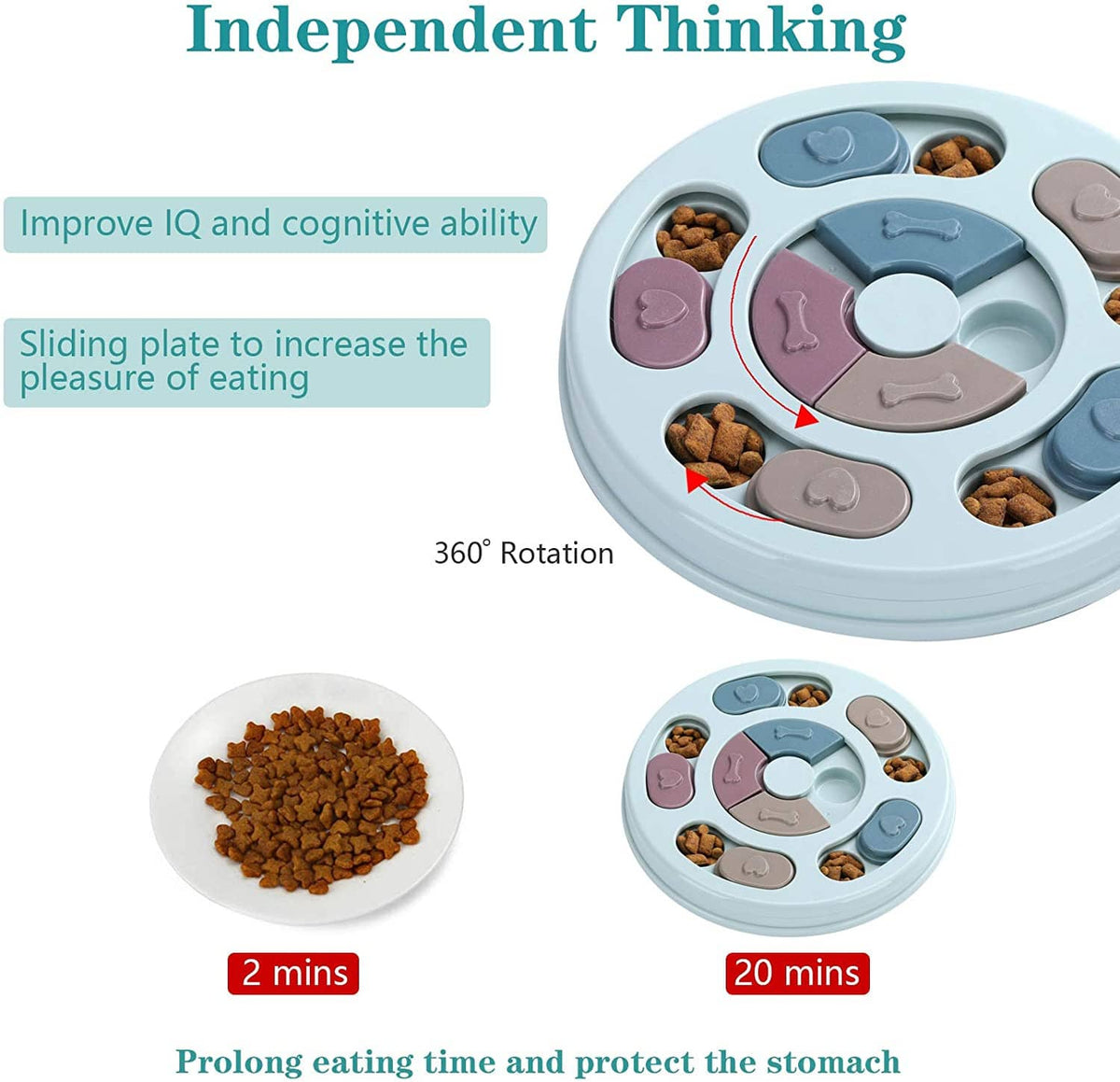 Pastel rotating dog treat puzzle tray with sliding sections and kibble-filled wells