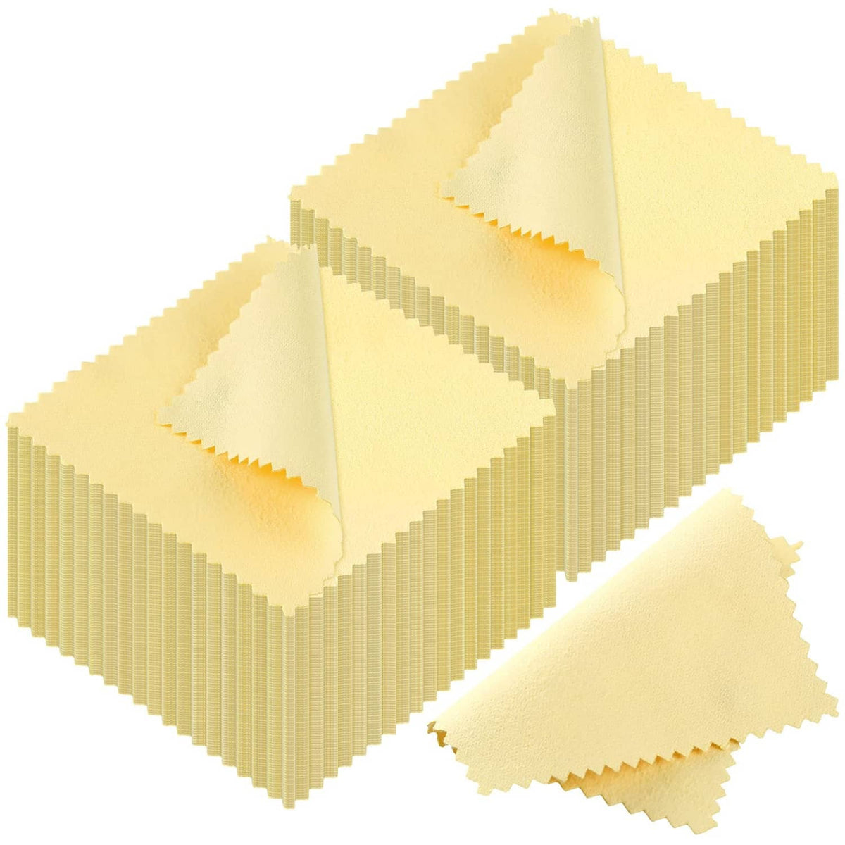 Pack of yellow jewelry cleaning cloth squares with zigzag edges