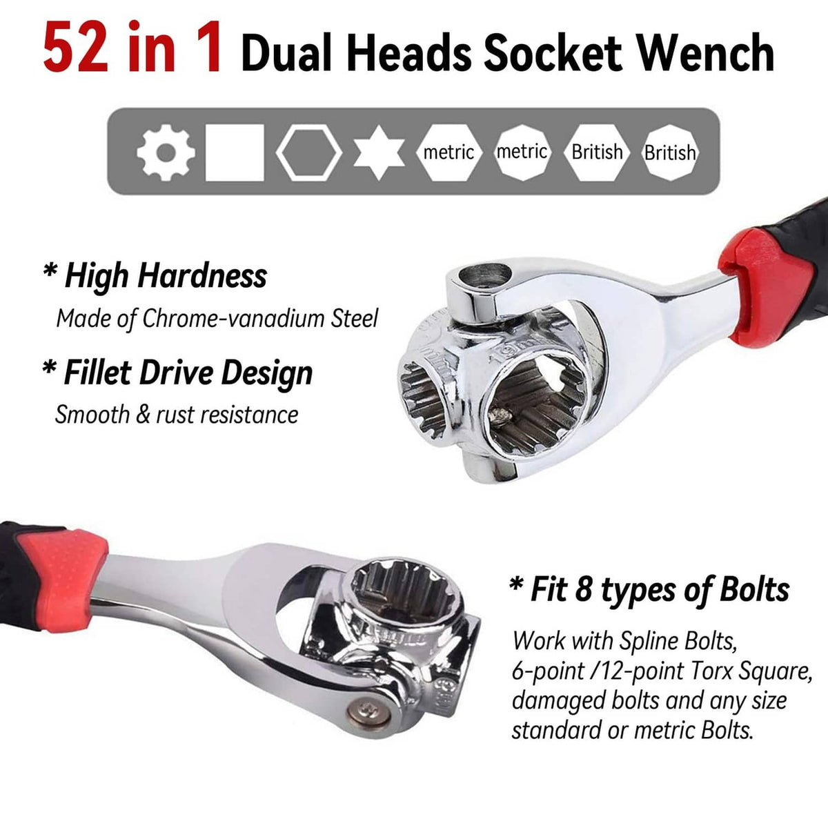 Dual-head chrome socket wrench with red handle, chrome drive sockets visible