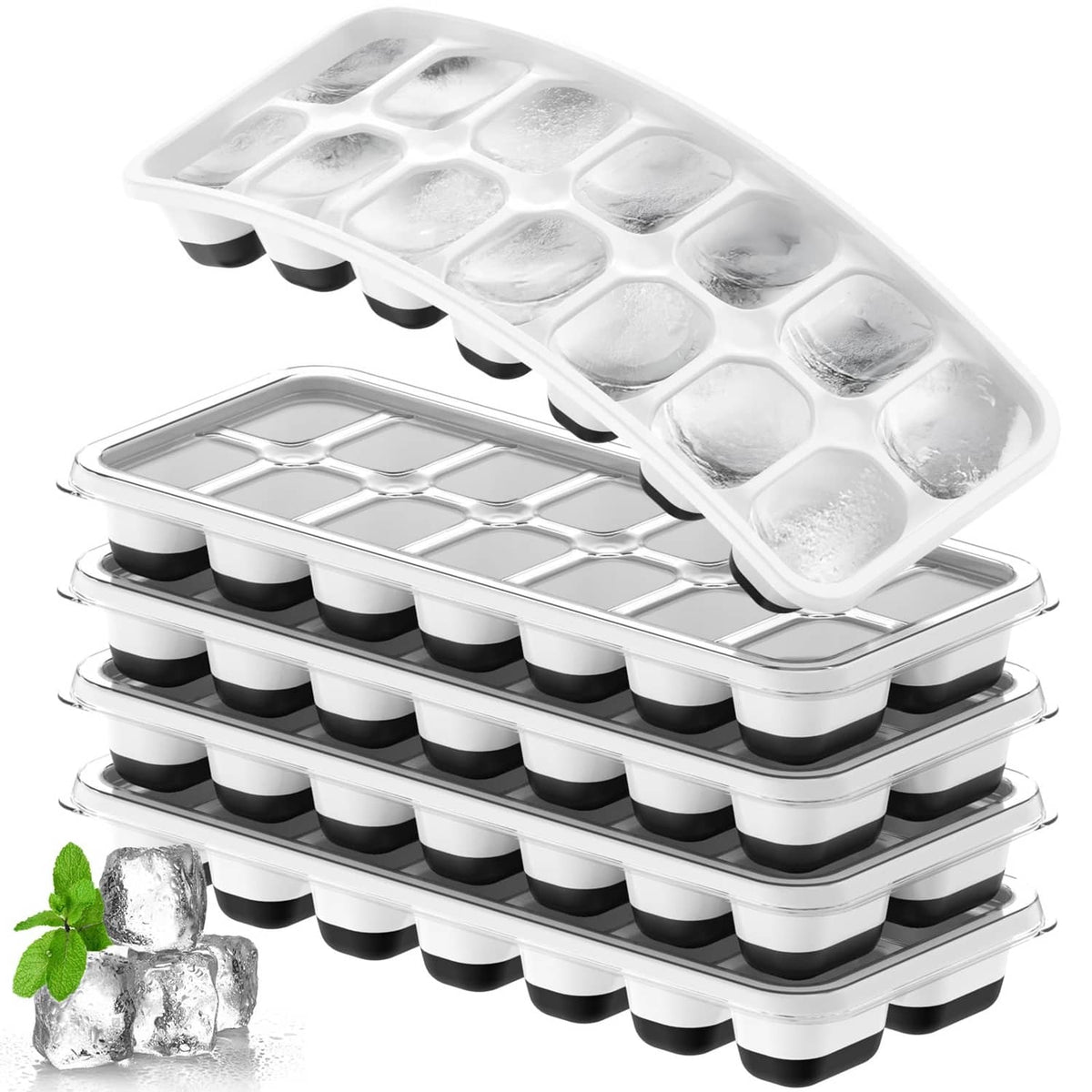 Stacked ice cube trays with clear lid, 5 rows of cube molds, black silicone inserts