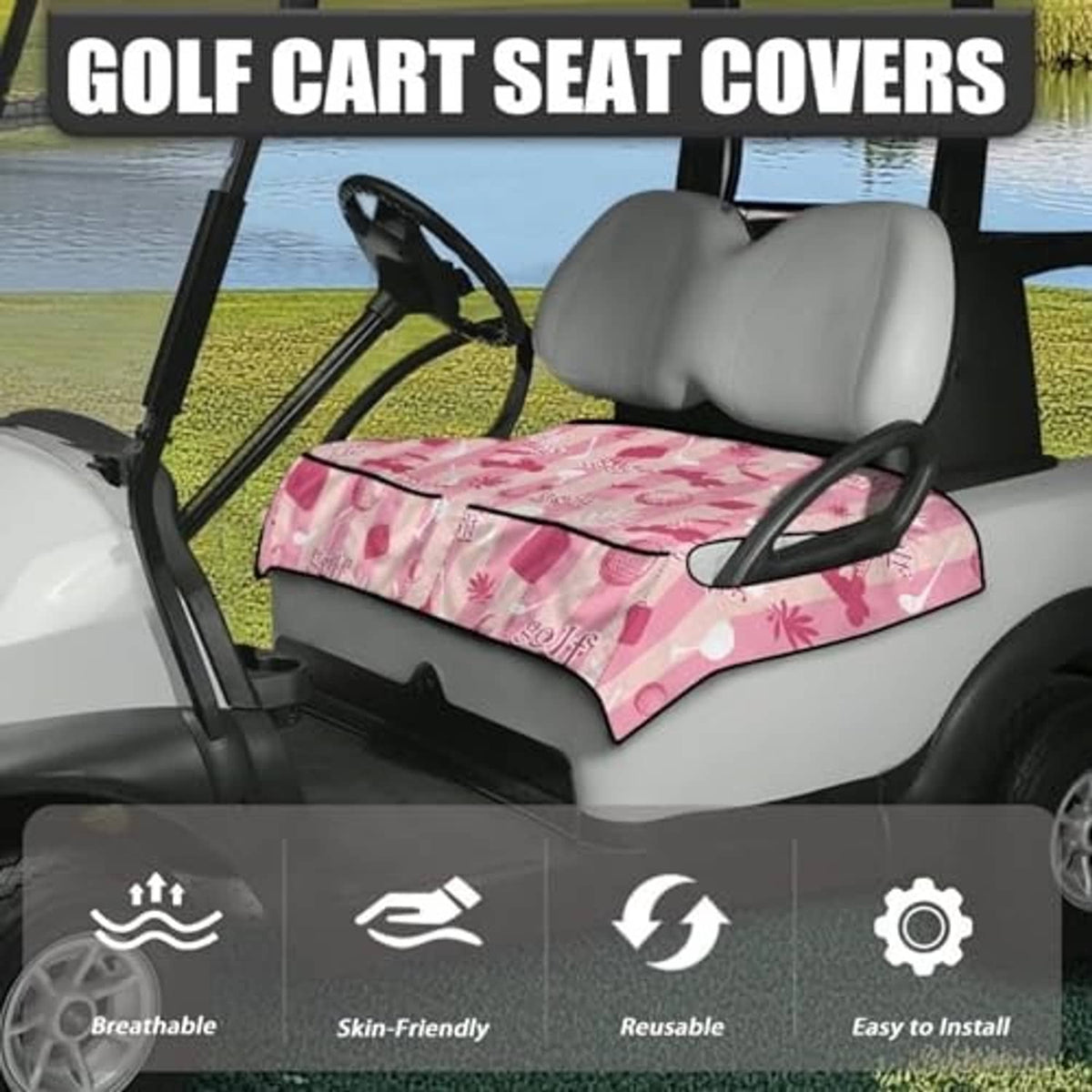 Pink patterned golf cart seat cover towel fitted on front seat cushion with black trim