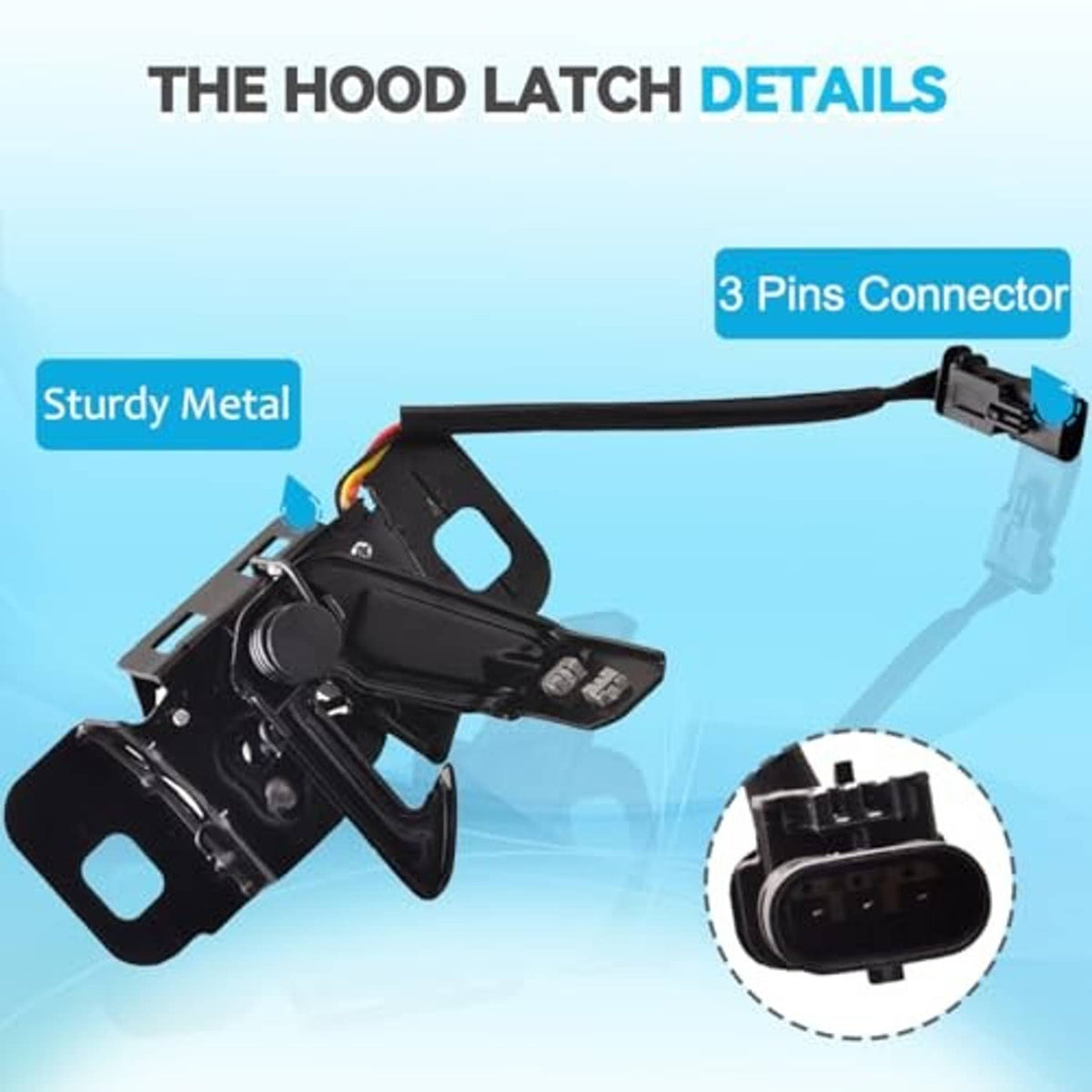 Black hood latch assembly detail with 3-pin connector and metal housing