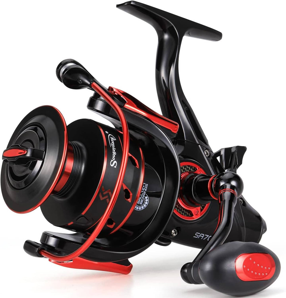 Black and red spinning reel with front spool and crank handle
