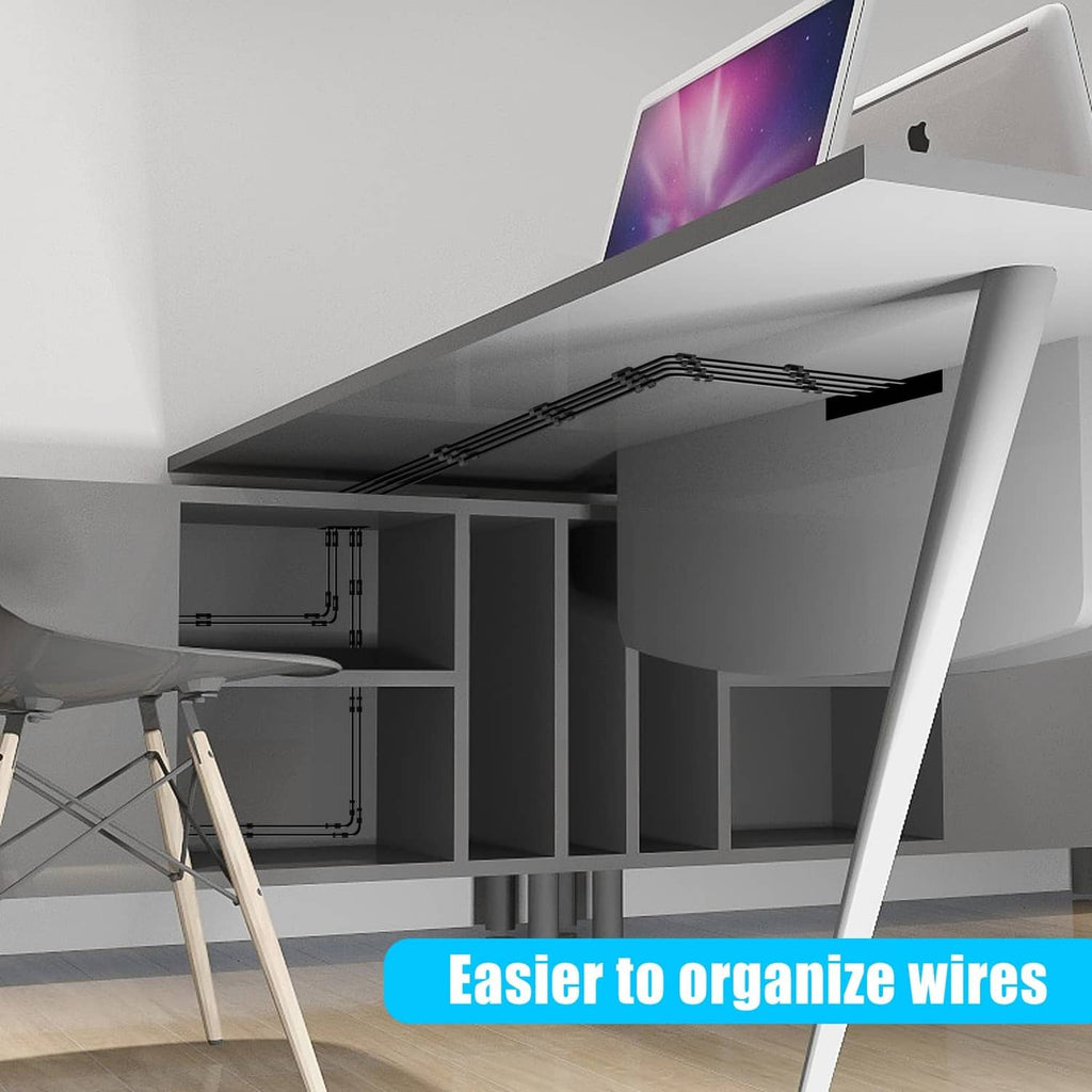 Black cable clips mounted under a desk shelf to organize wires