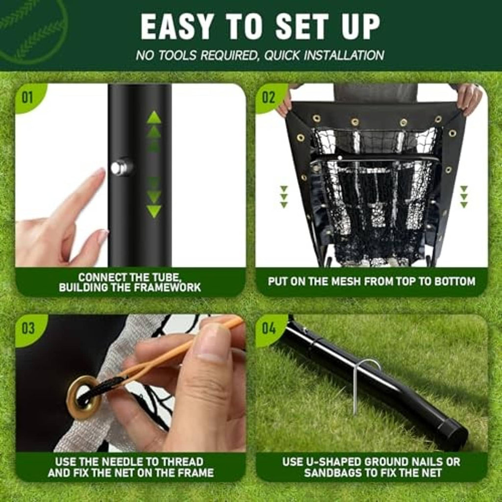 Adjustable pitching net setup parts: frame tubes, mesh, needle, ground stakes