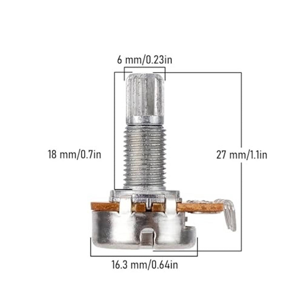 Split-shaft guitar potentiometer size diagram: 6mm, 18mm, 27mm measurements