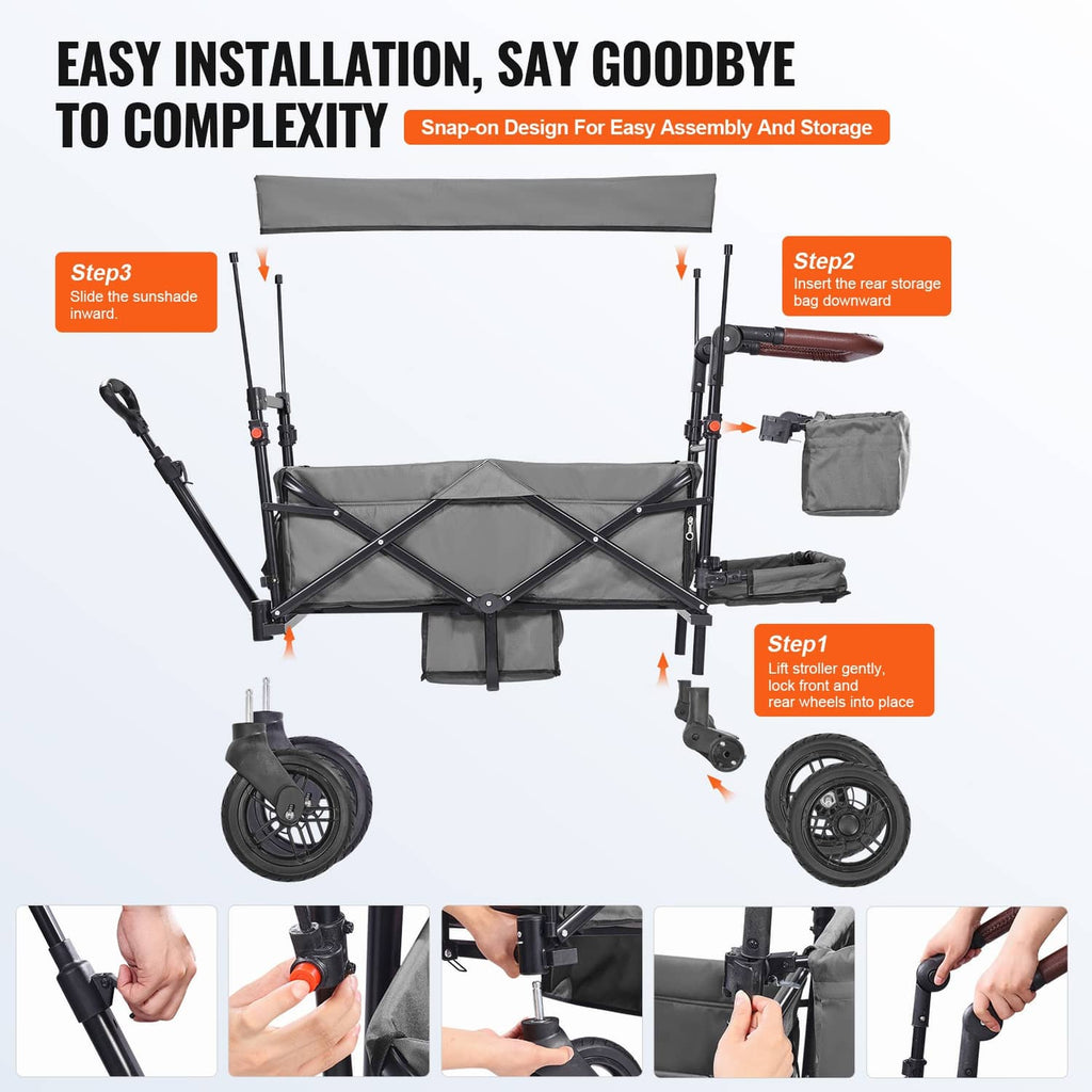 Collapsible double wagon stroller with dark gray canopy and side storage compartments