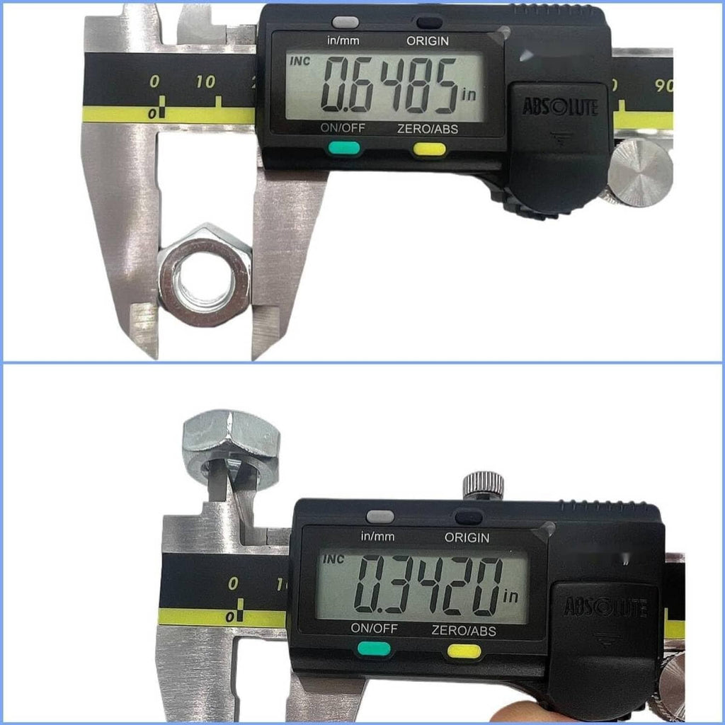 Calipers measuring deck lift link hardware thickness and hole size