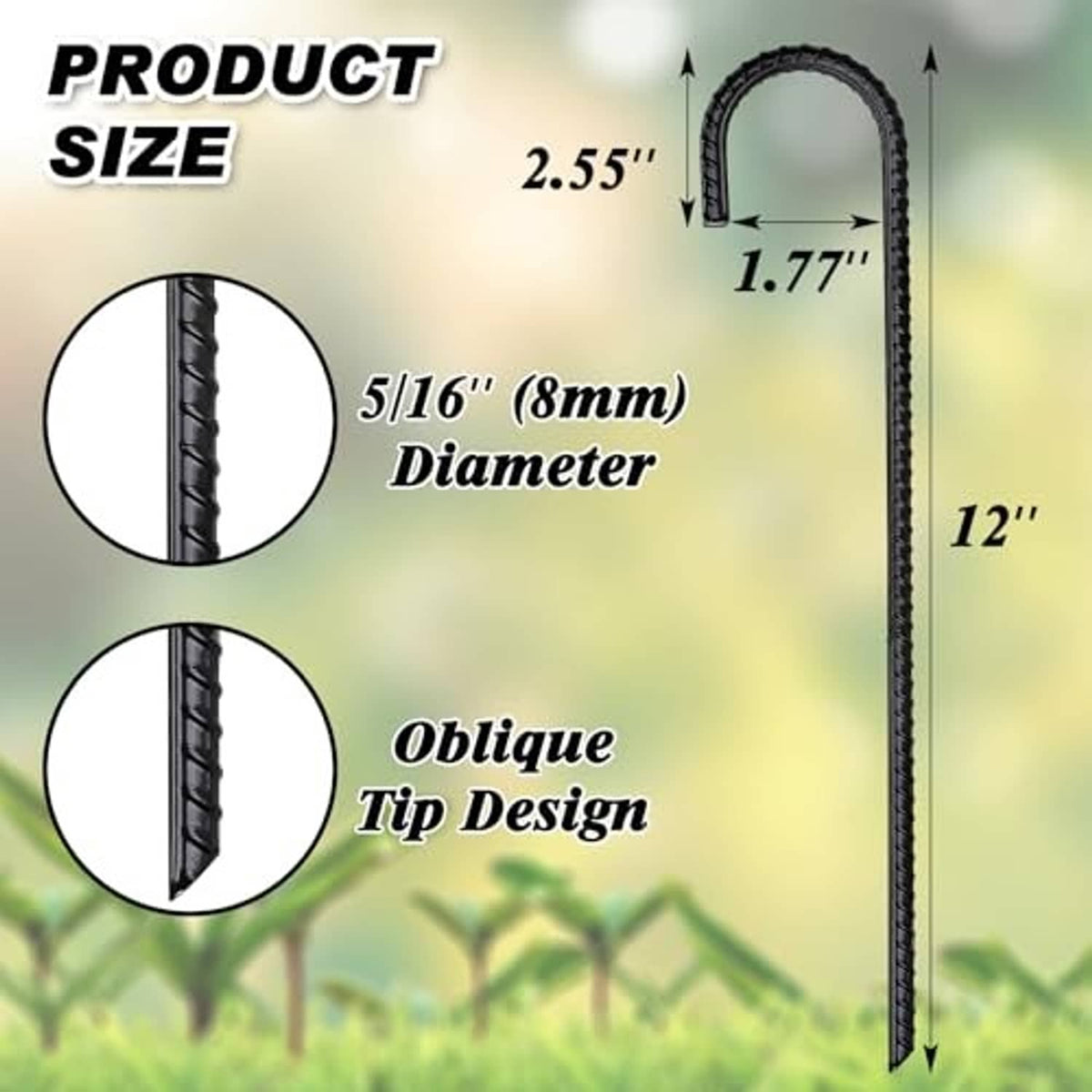 Black J hook rebar stake with 12 in length, oblique tip and 5/16 in diameter