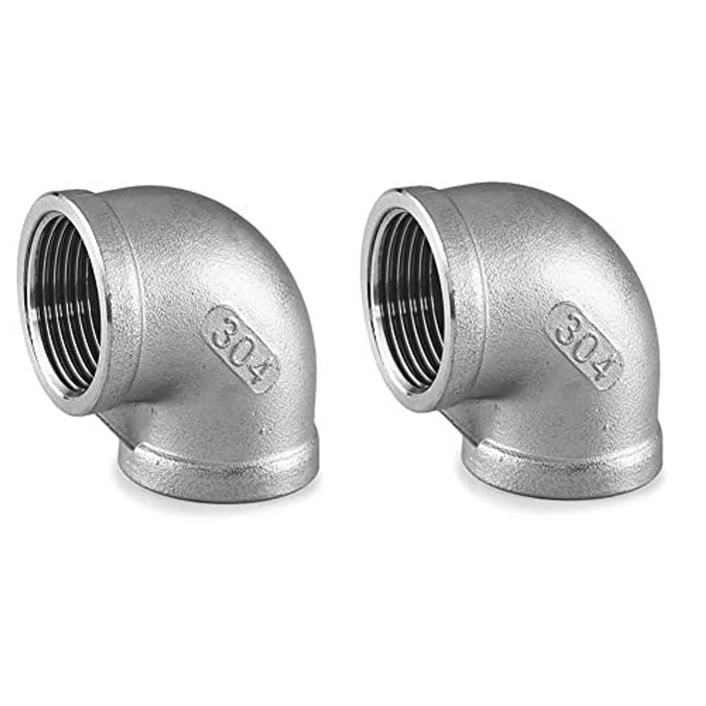 Stainless steel 304 90-degree elbow fitting with female threads; embossed 304 marking