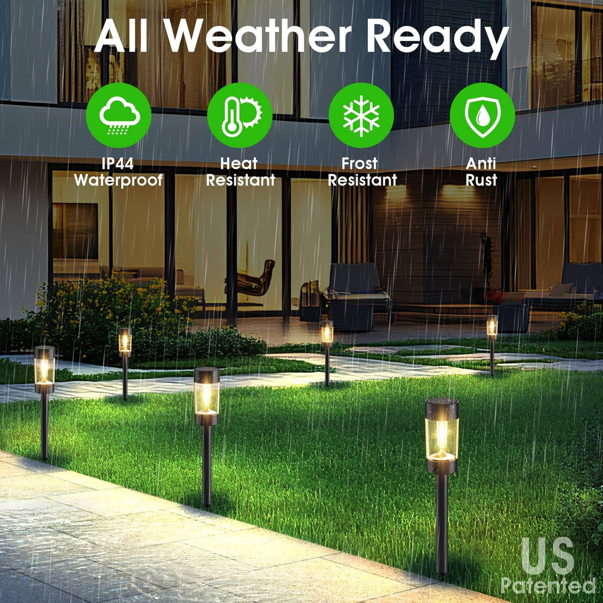 Black solar pathway light set with warm white lantern heads, outdoors on walkway
