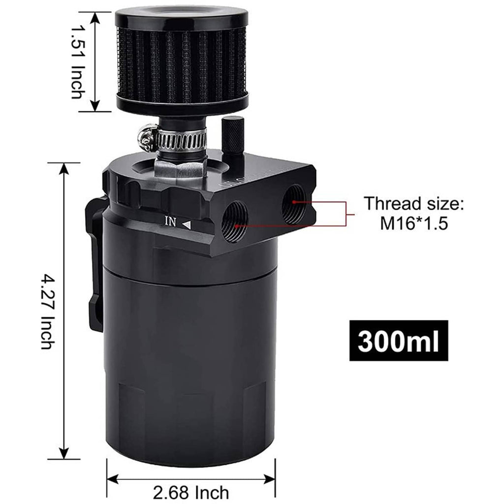 Black oil catch can reservoir tank with top breather filter, 300 ml capacity